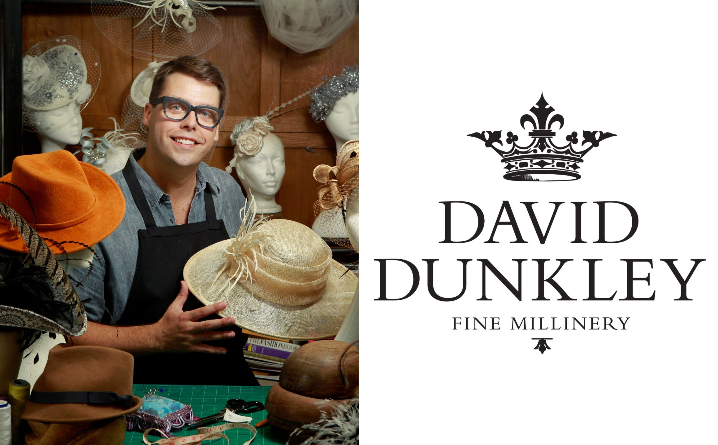Bio picture of David Dunkley and logo for David Dunkley Fine Millinery 