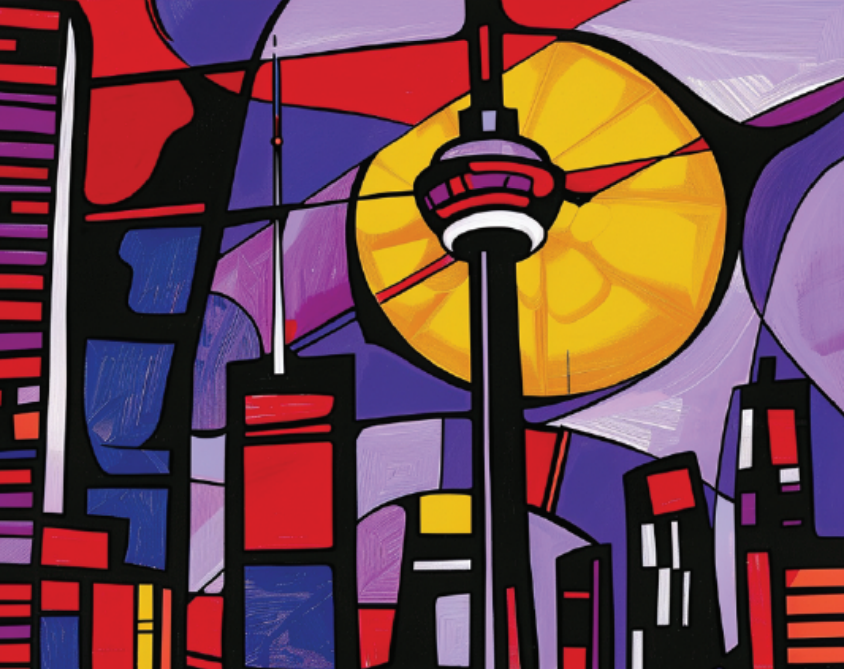 Illustrated abstract wine label featuring the city of Toronto