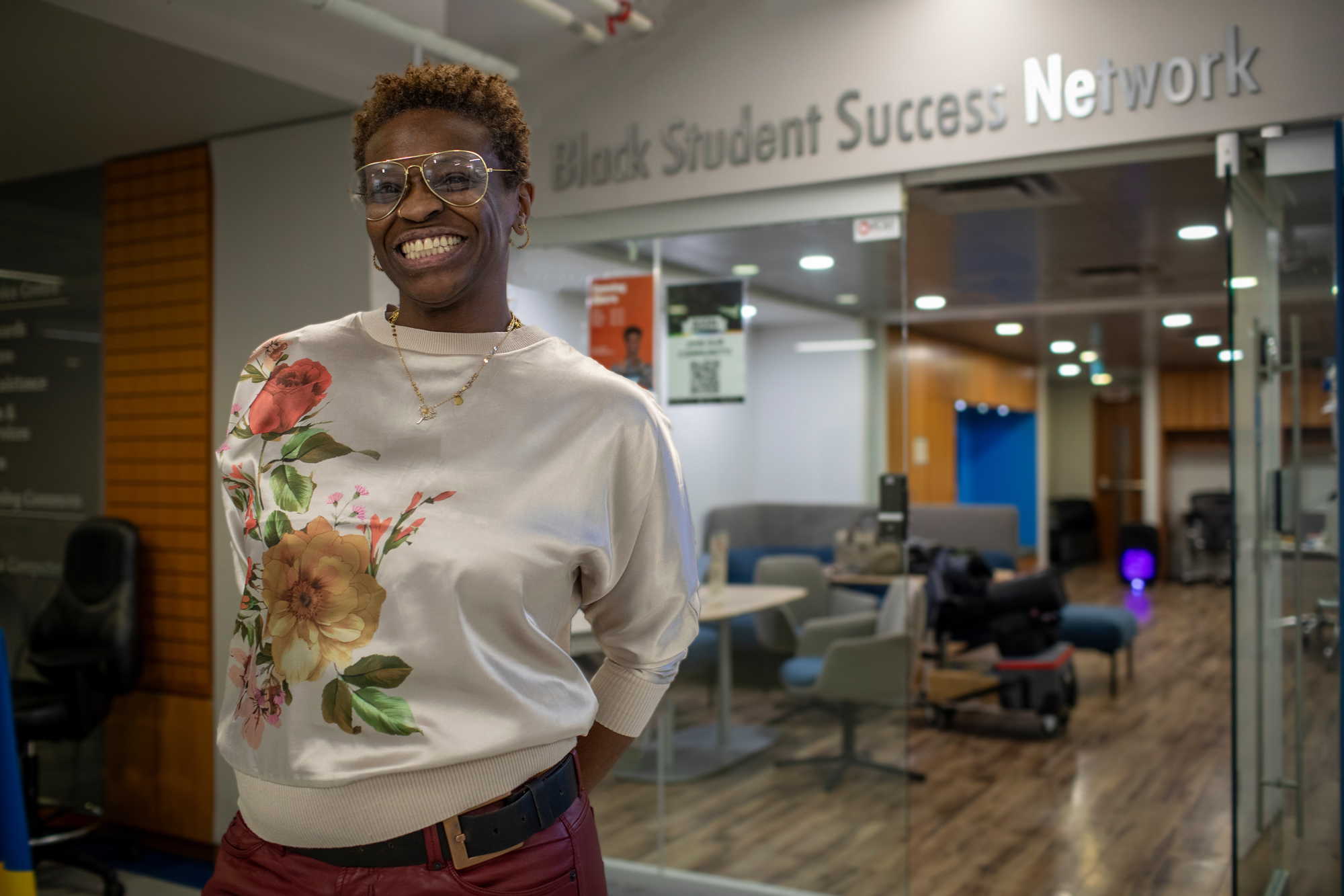 Deliah Jackson smile outside of the Black Student Success Network's student space