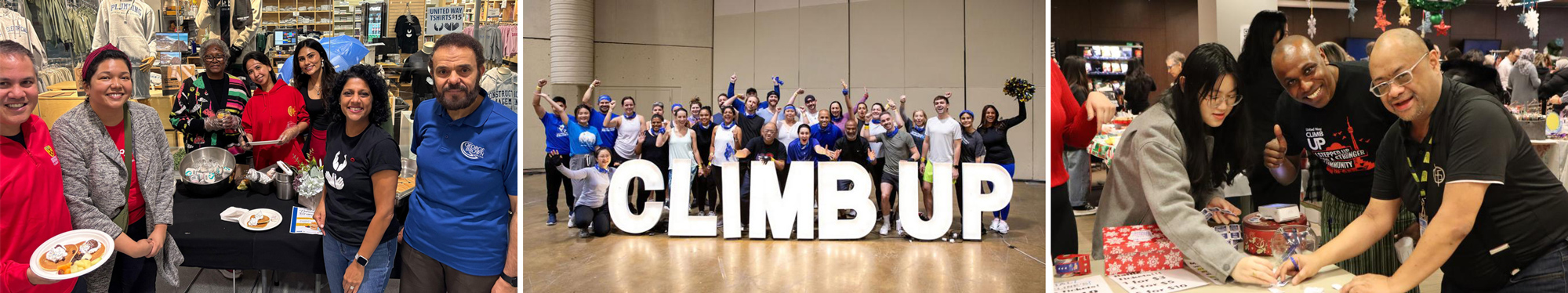 Three image banner: Group of people holding pancakes, group photo behind a Climb sign, three people smile above a table with items for sale