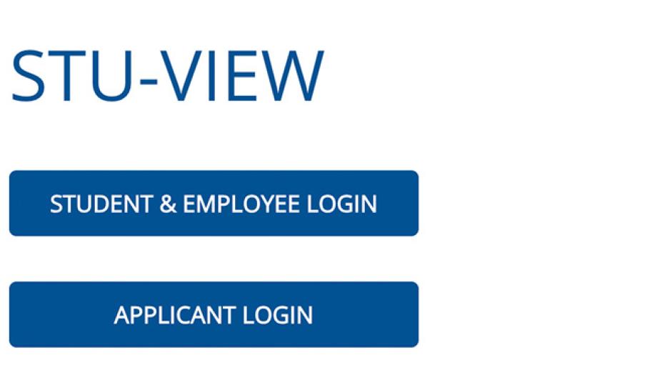STU-VIEW login page with student/employee button and applicant button