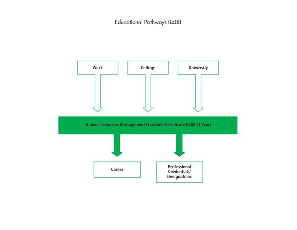 There are many pathways into the Human Resources Management Graduate Certificate B408 program including work, college programs and university programs. After graduating from the program, students can begin their career or further their education through other professional credentials or designations.