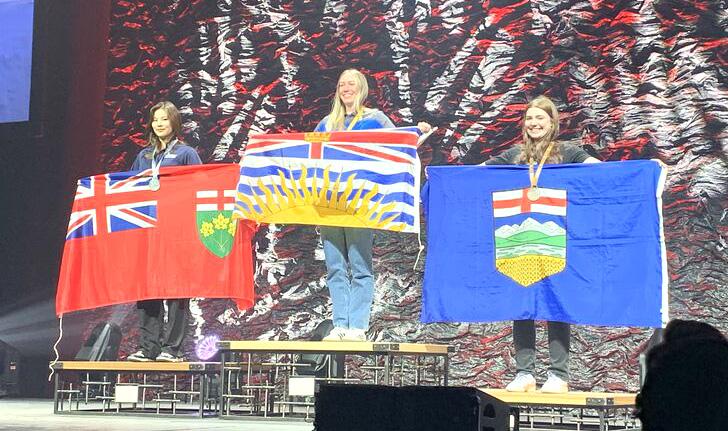 Sabina Lee on the Skills Canada podium with two other competitors, May 2024