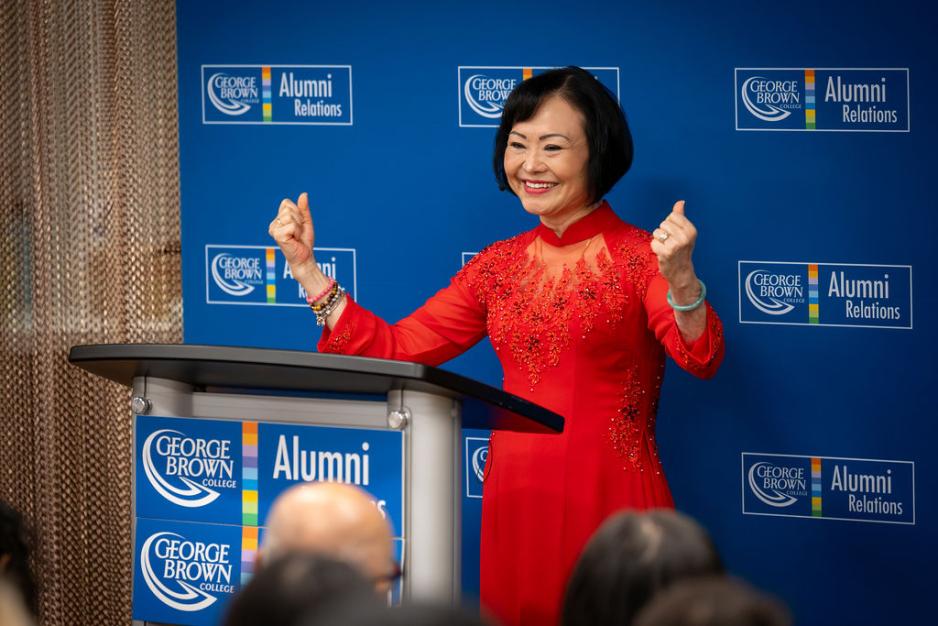 Kim Phuc Phan Thi at the speakers podium at George Brown College event