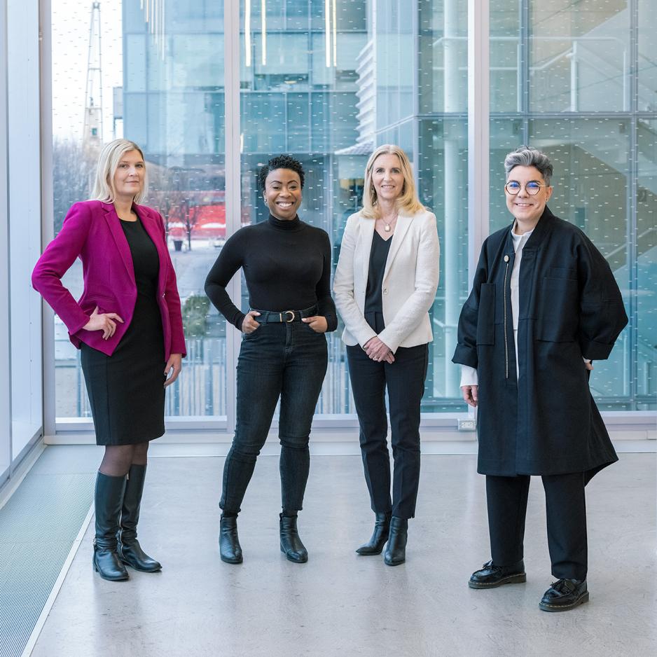 Group photo of Michelle McCollum, Kizzy Rodney, Leslie Quinlan, and Ana Rita Morais at the Waterfront campus