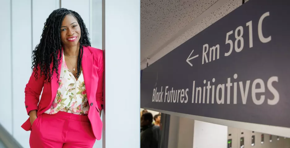 Image left: A Black woman in a pink suit leans against a window and smiles. Image right: A sign reads Black Futures Initiatives Room B581C